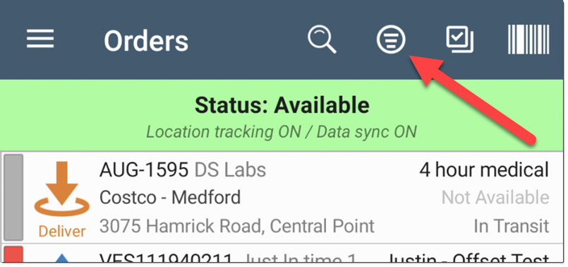 Courier app with order filter