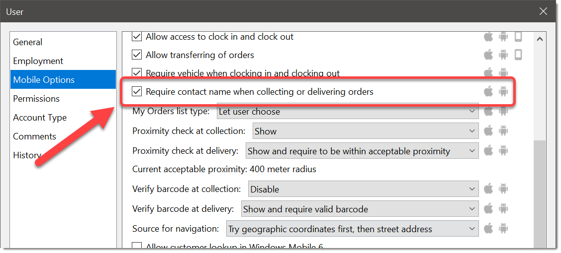 Require POD contact name on pick up or delivery