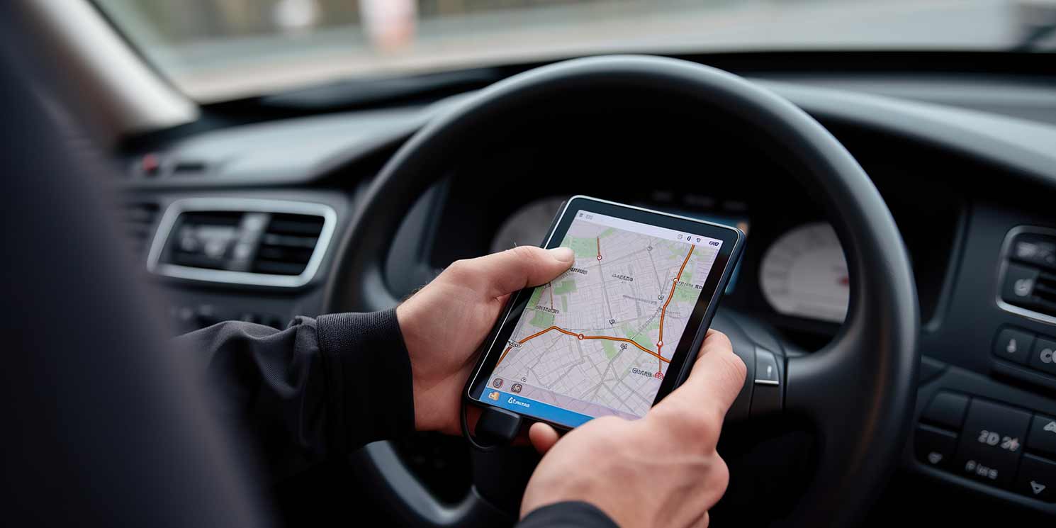A courier using delivery management software on a mobile device.