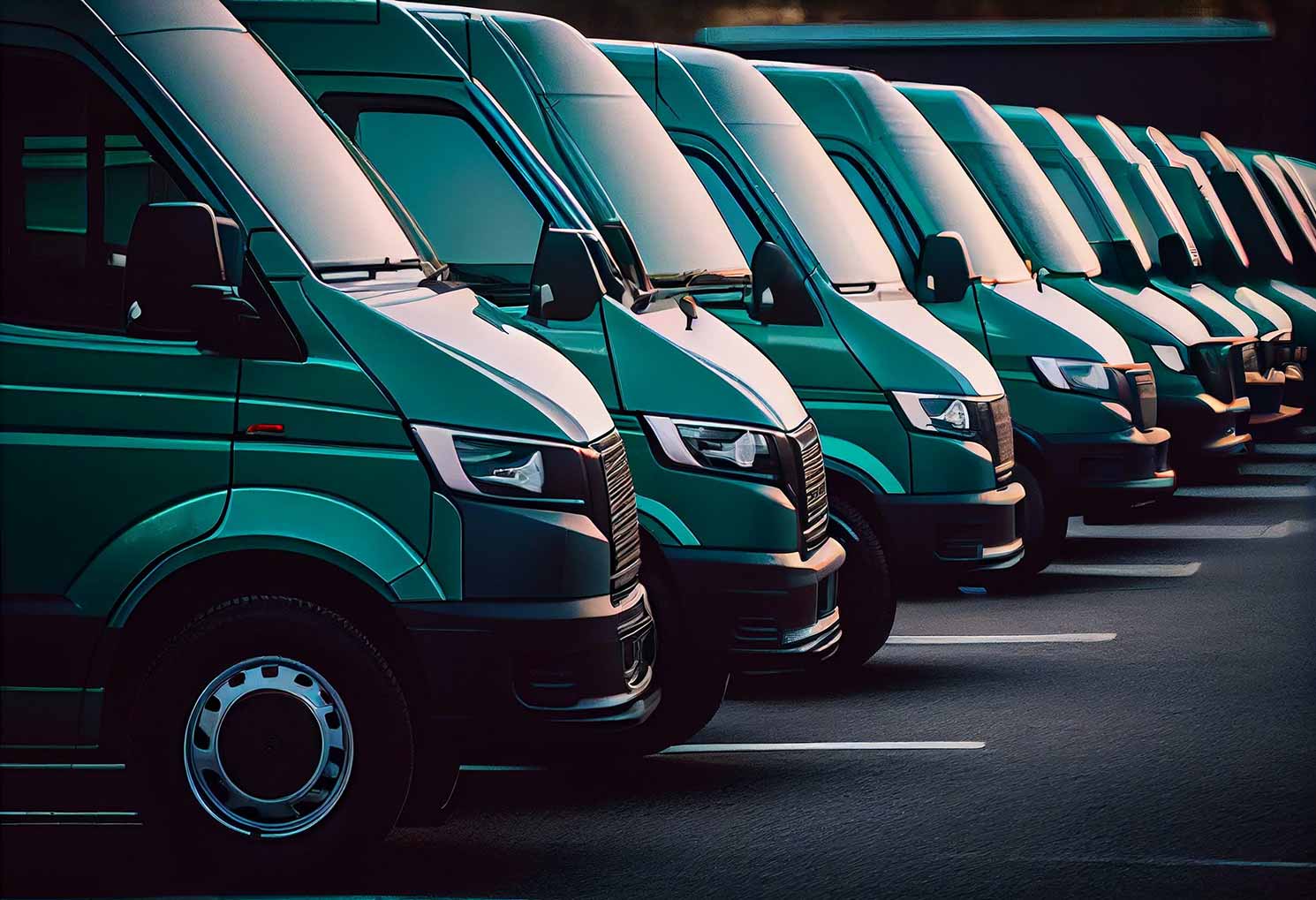 Green electric delivery vans all lined up and ready to make deliveries.