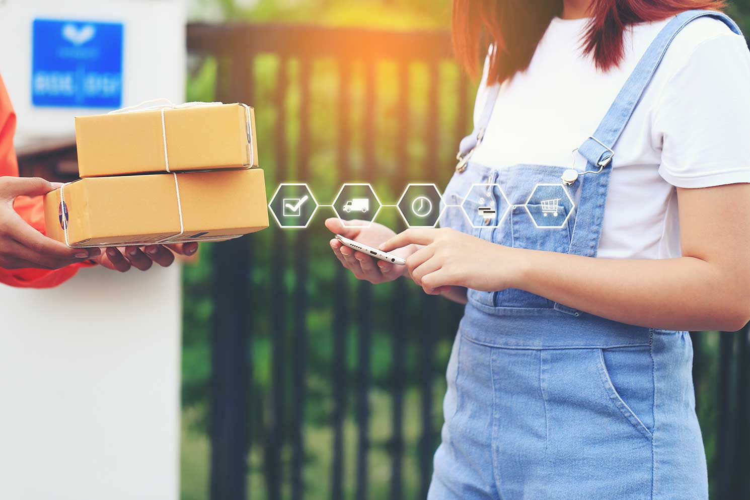 A lady with digital icons showing how she bought a package to the delivered package.