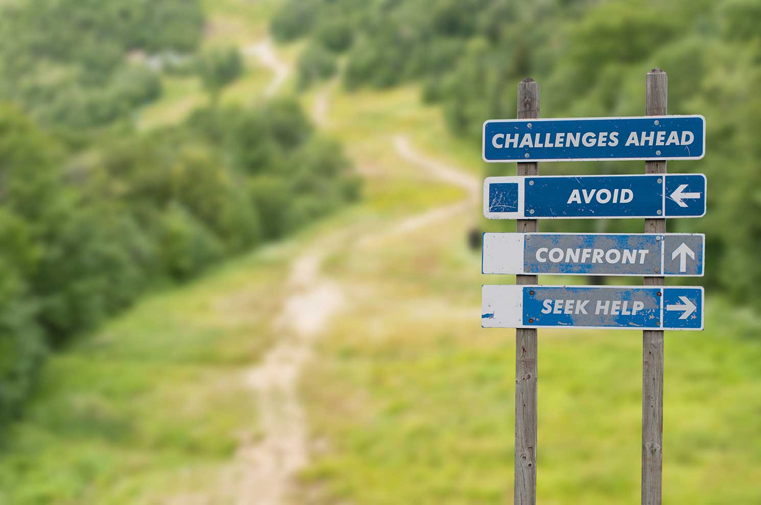 A sign stating challenges ahead and arrows guiding to avoid, confront, and seek help.