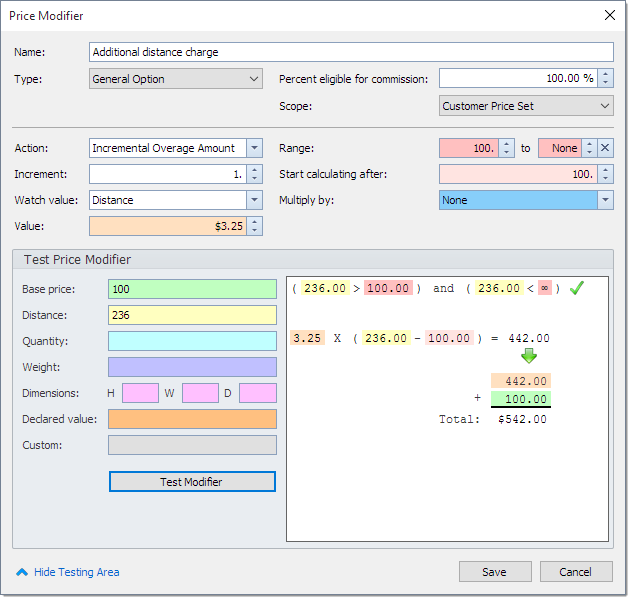 Testing pricing in courier software
