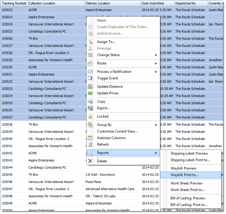 Courier software bulk reports