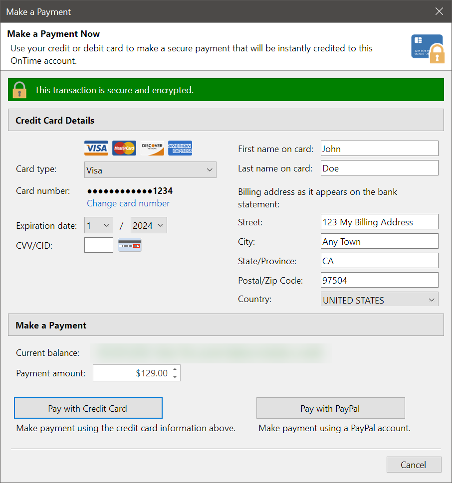 Make a one-time payment for OnTime services.